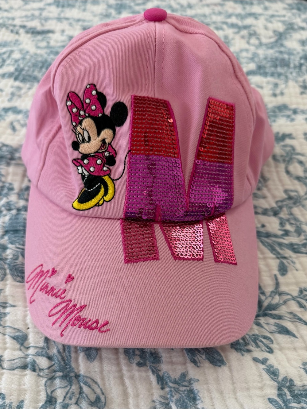 Pink Minnie Mouse Sequin 'M' Kids Baseball Cap